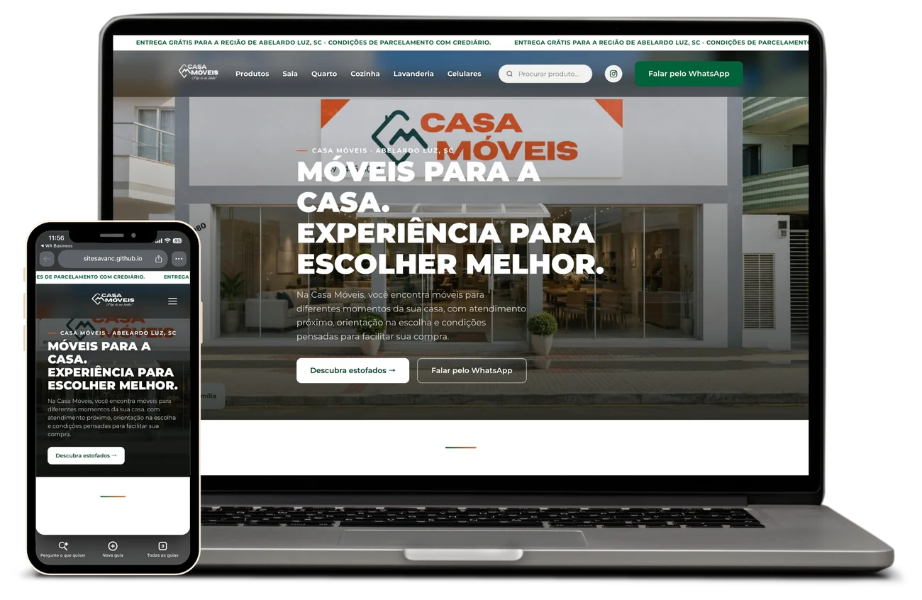 Site de Casa Móveis apresentado em computador e celular