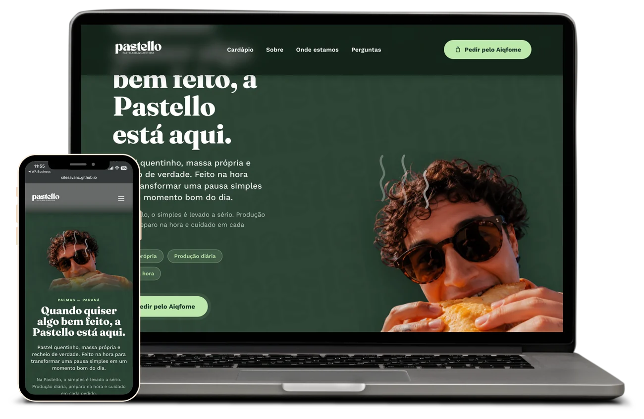 Site de Pastello apresentado em computador e celular